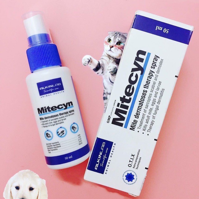 Thuốc Xịt Đặc Trị Viêm Da Có Mủ, Mẩn Đỏ, Ngứa, Nấm Da, Ghẻ Rận Cho Chó Mèo - ALKIN - MITECYN - Chai 50ml
