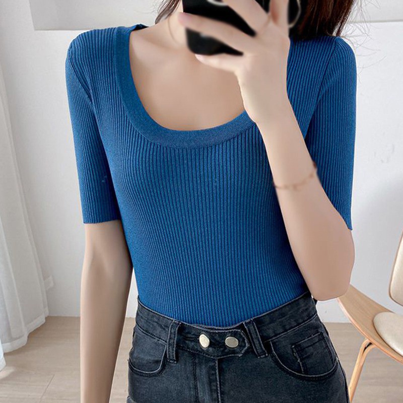 Áo Thun Tay Ngắn Cổ Chữ U Màu Trơn Thời Trang Cho Nữ