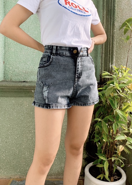 Quần short jean nữ BigSize lưng cao trên rốn, co dãn mạnh, lai cuốn, màu xám rách dành cho người mập 2639