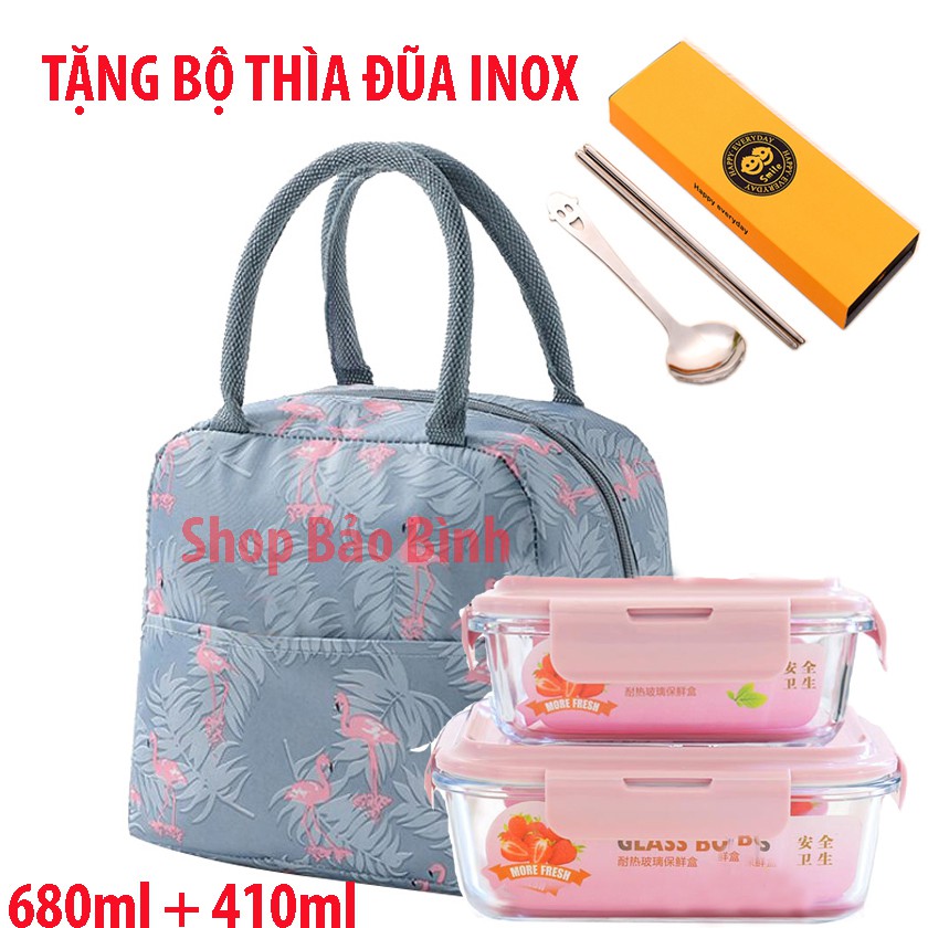 【 TẶNG TÚI GIỮ NHIỆT VÀ THÌA ĐŨA 】 Hộp cơm thủy tinh Hộp cơm thủy tinh văn phòng Hộp đựng cơm thủy tinh