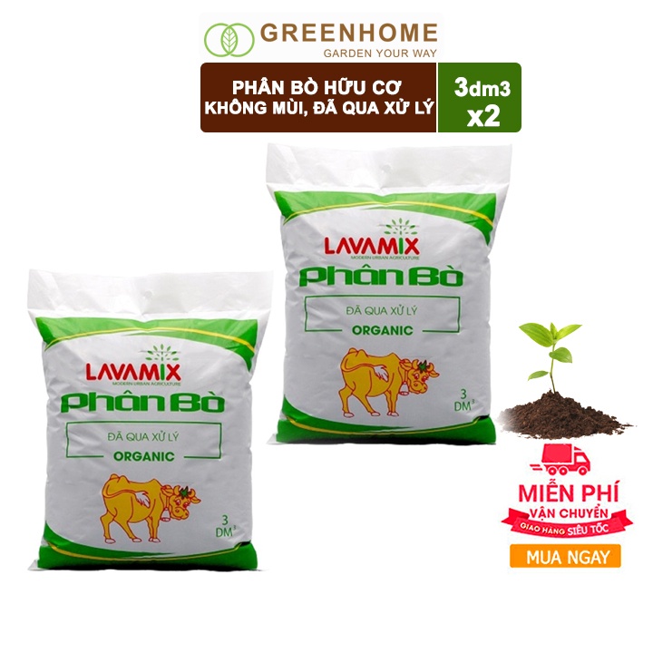 Bộ 2 Phân bò Lavamix, bao 3dm3, đã qua xử lý, không mùi hôi, hữu cơ tiện lợi |Greenhome