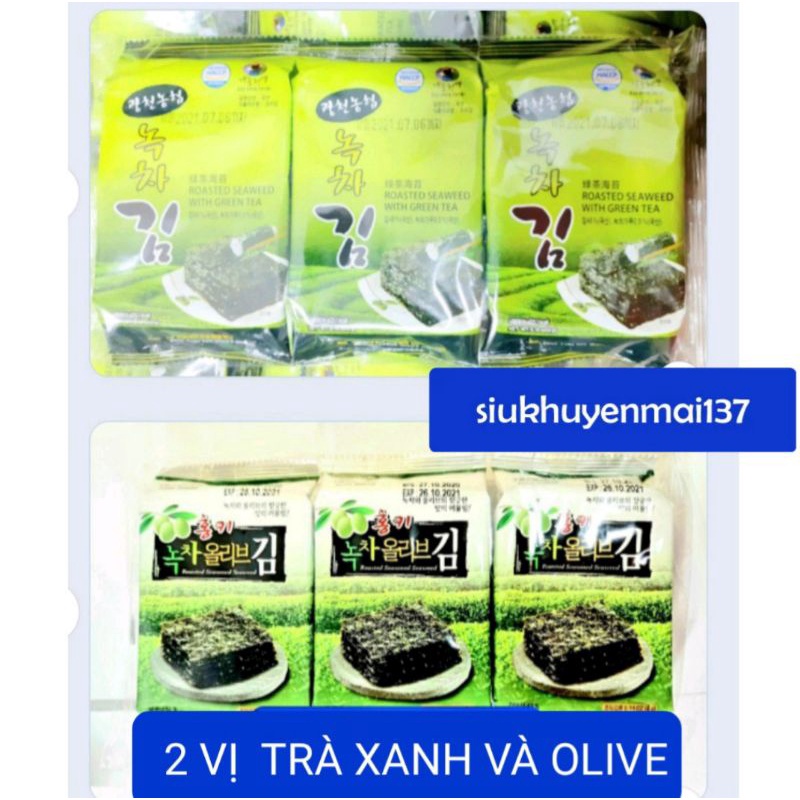 rong biển hàn quốc ăn liền trà xanh olive lốc 3 gói.