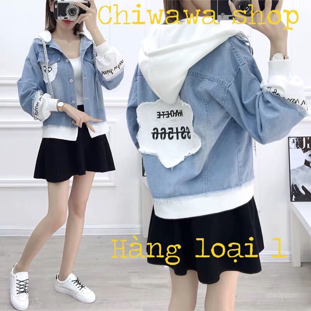 [Video] Áo khoác jean nữ ngôi sao tinh tú Hàn Quốc style mũ nỉ trắng và viền tay đỉnh cao loại 1