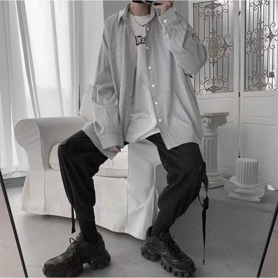 áo sơ mi nam Áo sơ mi unisex phong cách Hàn Quốc thể thao áo sơ mi nữ tiếng Nhật Sọc sơ mi nữ form rộng áo sơ mi trắng