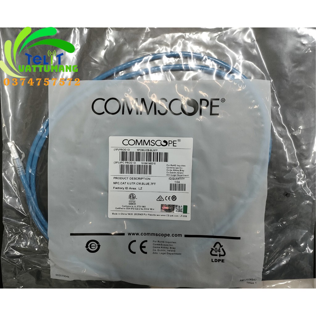 Dây nhảy mạng Patch Cord Cat6 CommScope 1.5m, 2m, 3m cáp đúc sẵn 2 đầu. Hàng chính hãng có CO, CQ