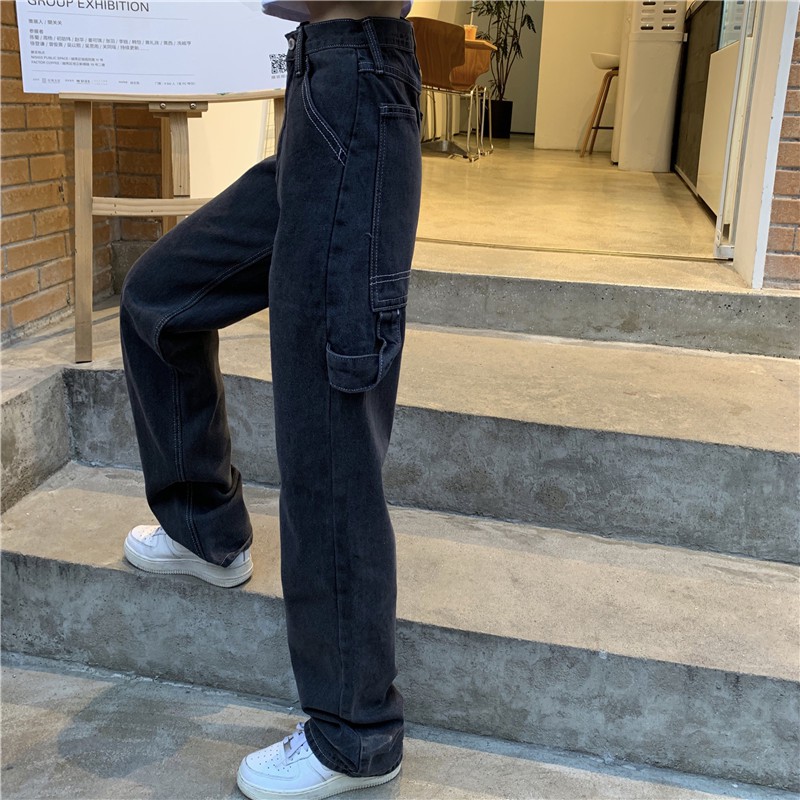 QUẦN JEANS UNISEX ỐNG RỘNG LƯNG CẠP CAO CHỈ NỔI DÂY LIỀN TÚI RỘNG MÀU XÁM KHÓI