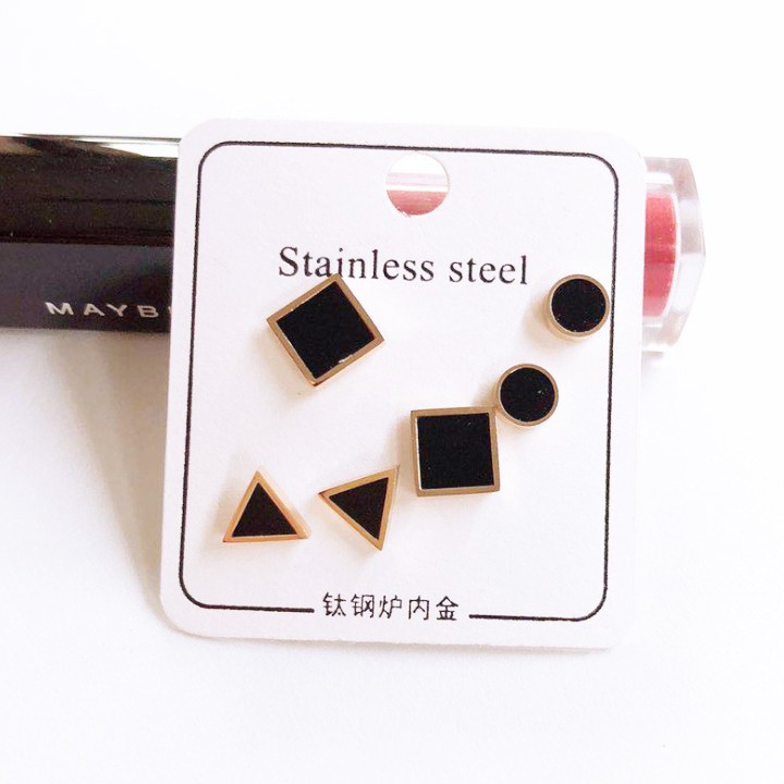 Bộ 3 Đôi Bông Tai Tròn Vuông Tam Giác Titan Ko Rỉ TT 1979