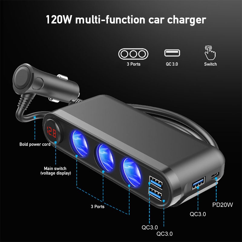 Tẩu sạc nhanh BLALION 120W 3 cổng USB Android QC30 thích hợp cho xe hơi