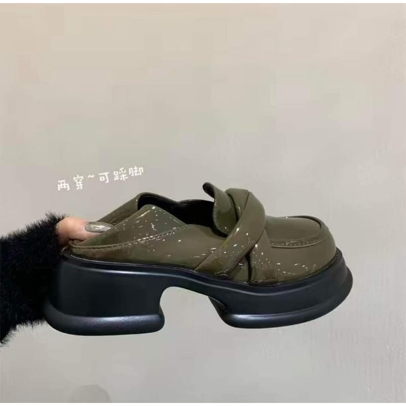 Giày ulzzang đế bánh mì ,giày lười da Hàn Quốc mẫu hot đế cao 5cm SẴN đen bóng sz 35