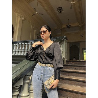 Áo dài tay lụa bồng phối khuy bọc