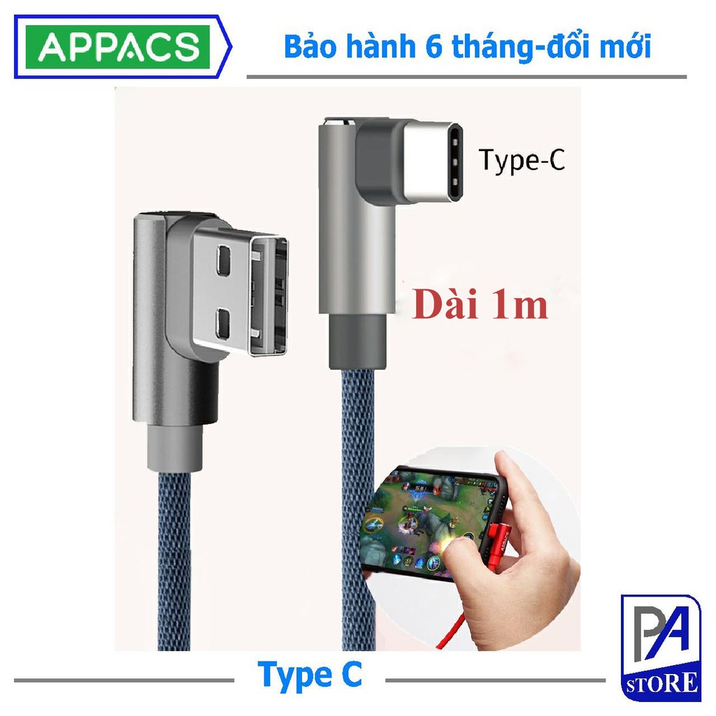 Cáp Sạc Siêu Tốc (Q.C 3.0) USB Type C APPACS, Dài 1m, Chữ L Chống Vướng Tay