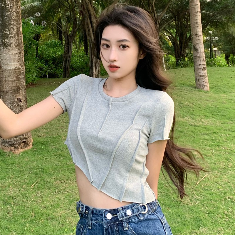 Cocory vn Áo croptop tay ngắn cổ tròn thiết kế độc cá tính cho nữ