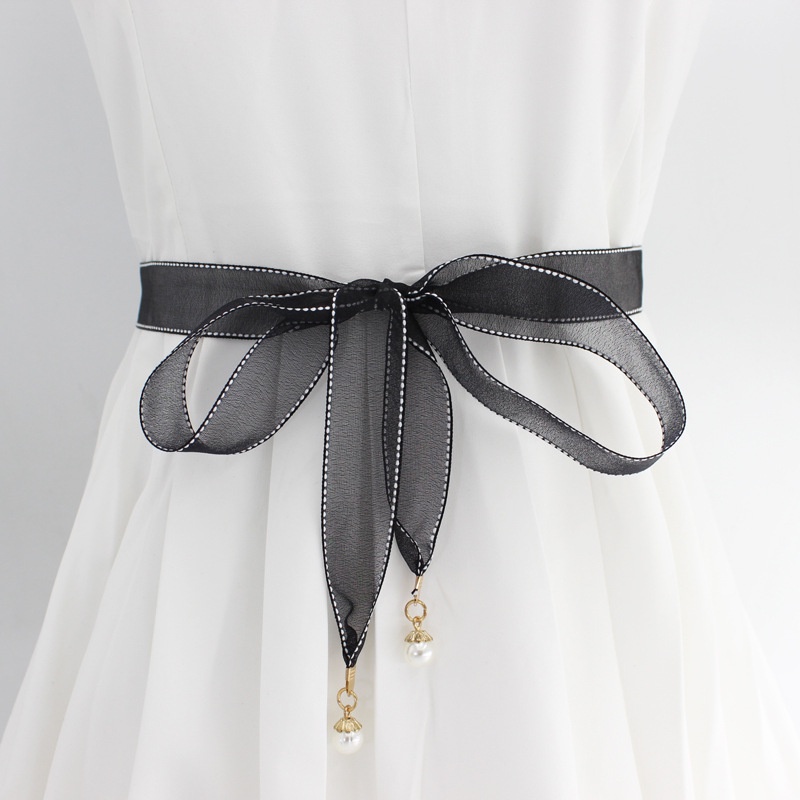 Dây thắt lưng vải voan thêu viền gắn ngọc, đai váy nữ thắt nơ thanh lịch