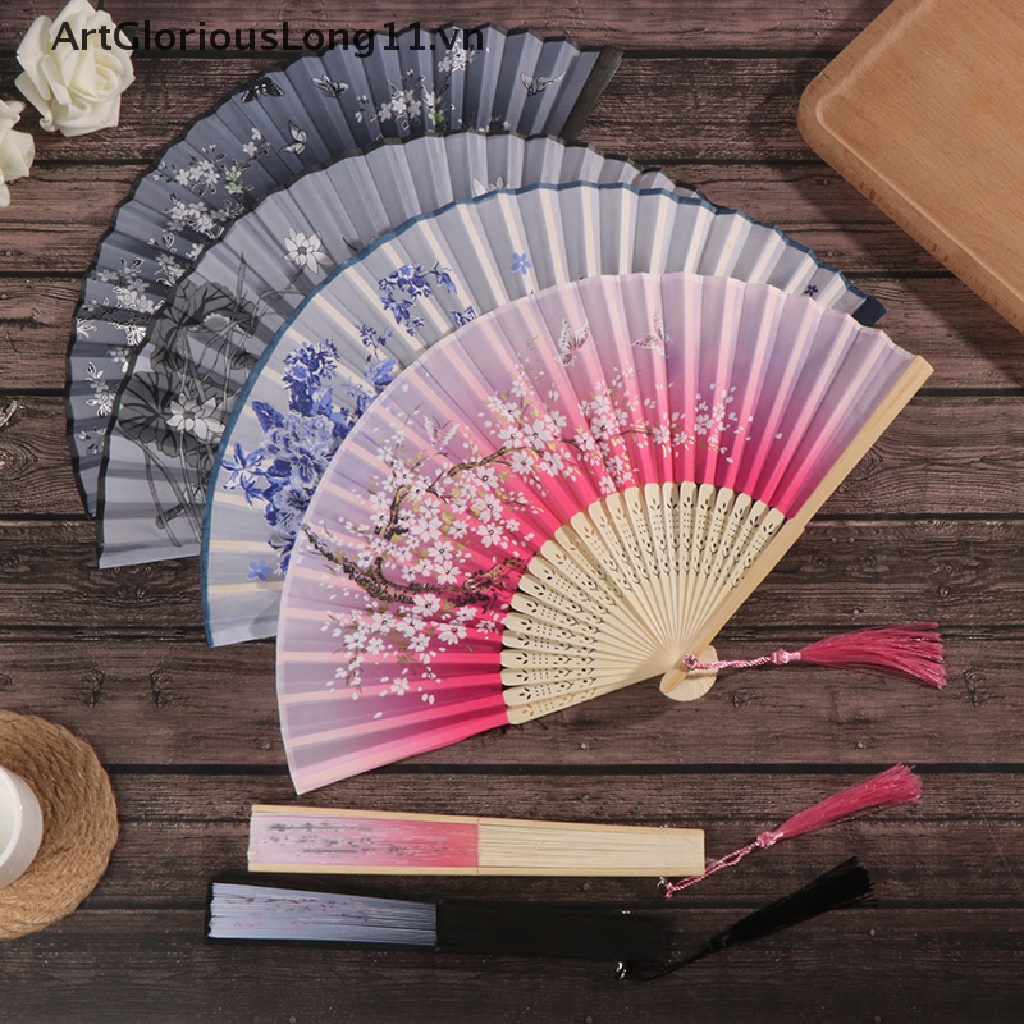 Quạt Xếp Cầm Tay Bằng Tre Lụa Họa Tiết Hoa Phong Cách Trung Quốc Cổ Điển