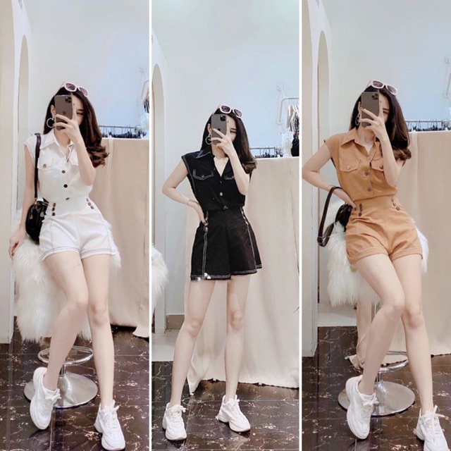 S616 Set Áo Sơ Mi Tay Cánh Rơi Phối Quần Short Cạp Cao Đính Cúc Quá Sang, Chất Đũi Xước QC xịn xò chuẩn túi zip