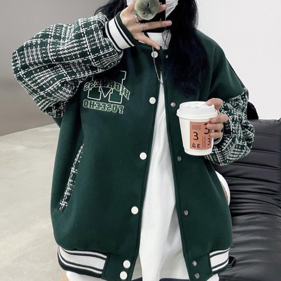 Khoác Bomber Nỉ Nam  Nữ Chữ M Tay Kẻ Bồng Bo Tay Dáng Rộng Unisex Uzzlang Thêu Phối Tay