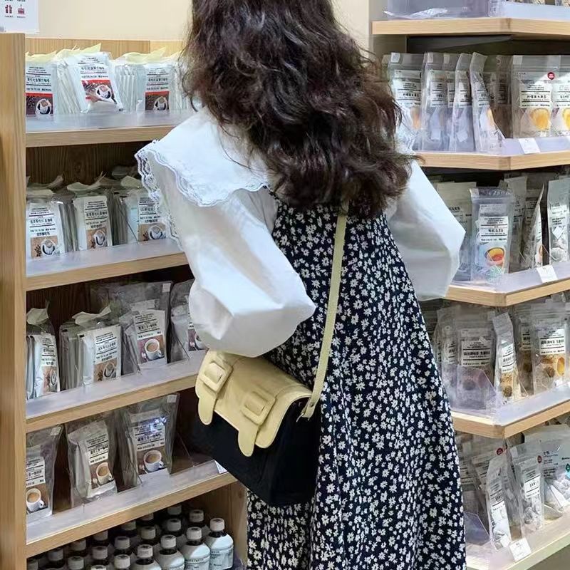 Bộ Áo Sơ Mi Dài Tay Cổ Búp Bê + Đầm Hai Dây Họa Tiết Hoa Phong Cách Hàn Quốc Cho Nữ