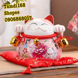 Mèo Thần Tài sứ màu hồng hoa nở Phú Quí cao 20cm