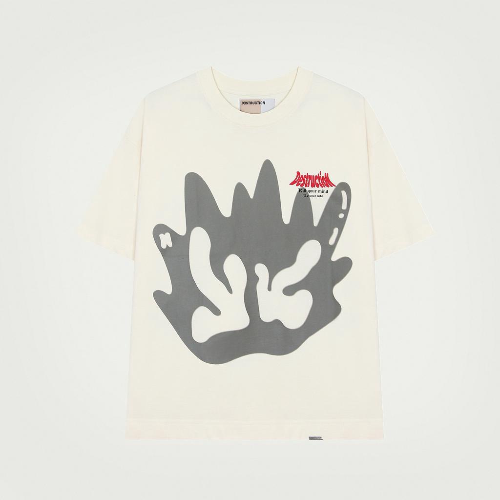 Áo thun cotton local brand Destruction cổ tròn form lỡ in hình logo màu kem - đen - xanh lá, cotton