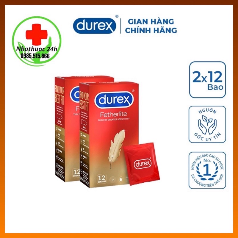 [ HÀNG CHÍNH HÃNG] Bộ 2 hộp bao cao su Durex Fetherlite 12 bao (12 cái/hộp, size 52,5mm)