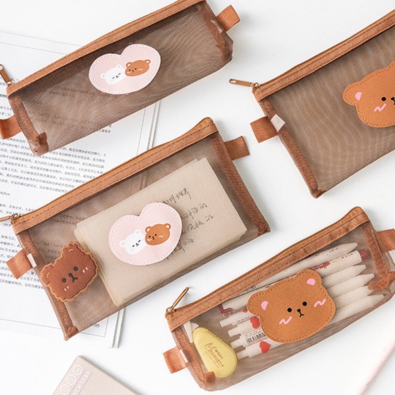 Bóp viết vải lưới trong suốt phối khóa kéo in hoạt hình dễ thương