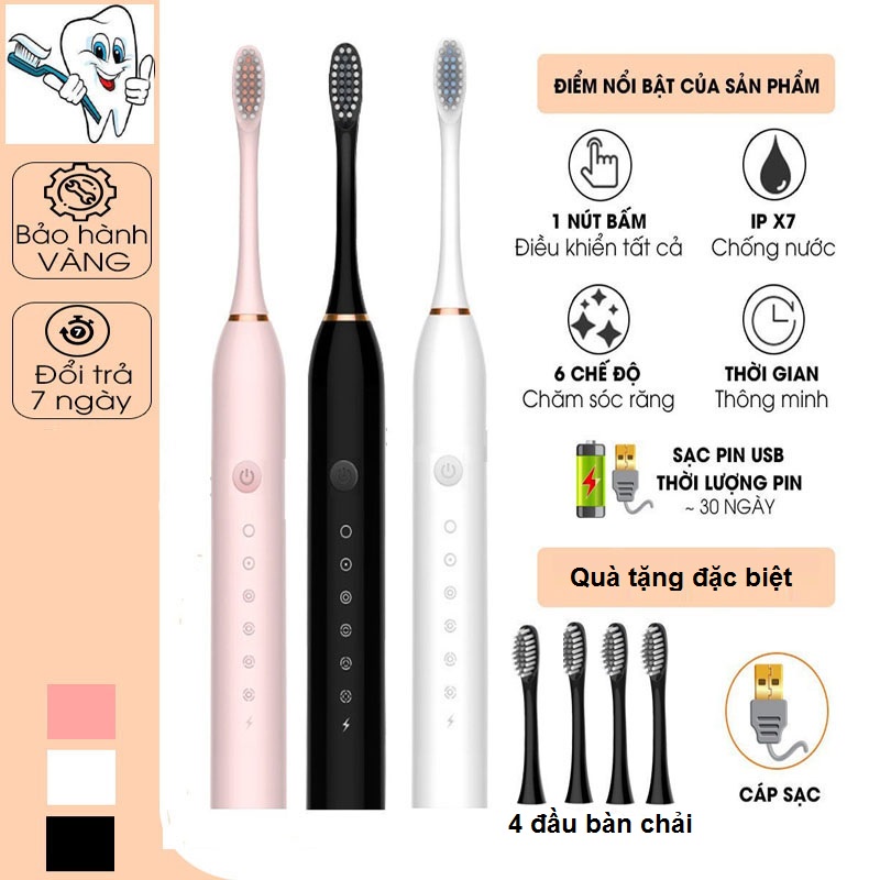Bàn chải đánh răng điện Sonic X3 pro đánh răng tự động 5 chế độ đánh răng với lông chải mềm mịn dễ sử dụng AZANZO X3