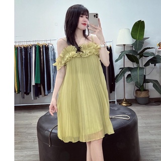 Váy tơ trễ vai dập ly ảnh thật