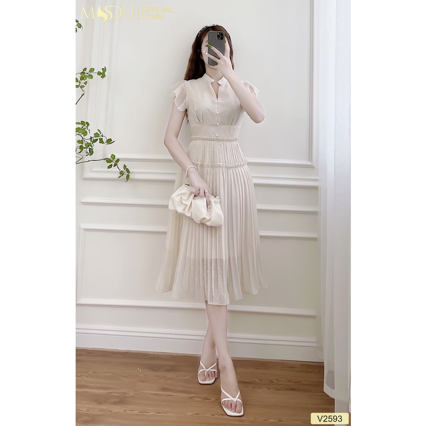 Đầm nữ dáng dài xếp ly tay bèo cổ tàu đính khuy đi tiệc V2593 - THỜI TRANG THIẾT KẾ MDU