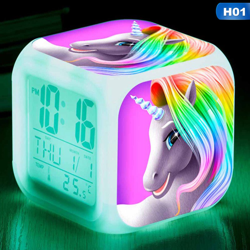 Đồng hồ báo thức điện tử hình lập phương họa tiết kỳ lân có đèn led làm quà tặng cho bé