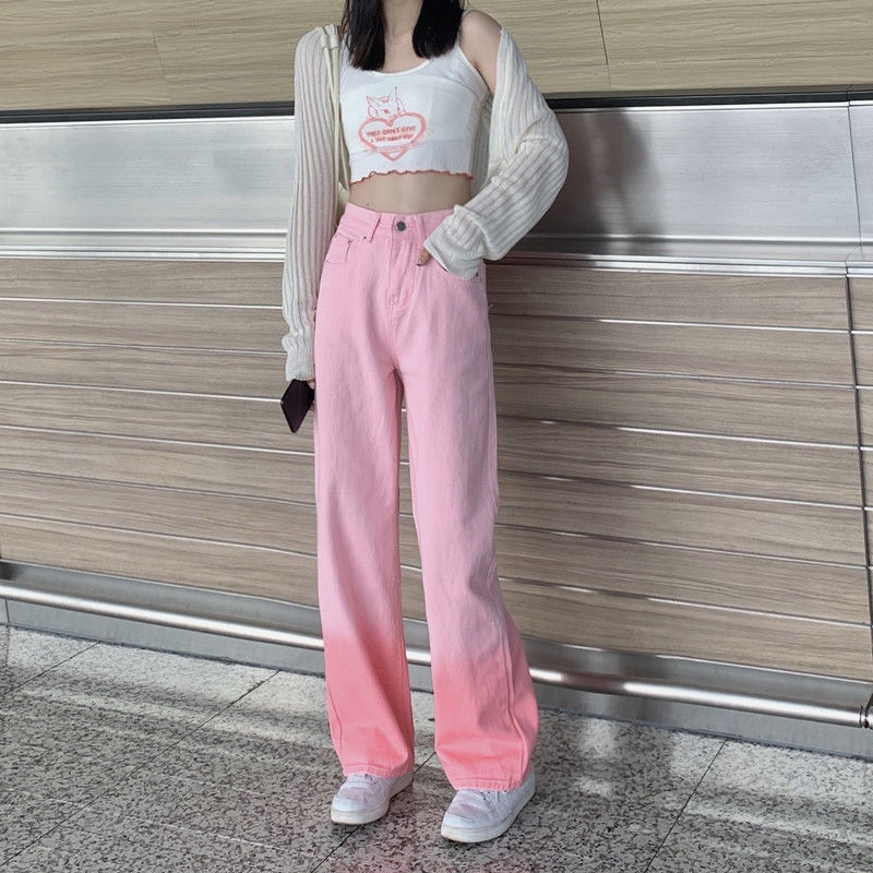 Quần Jean Ống Rộng Lưng Cao Màu Hồng Gradient Thiết Kế Mới Thời Trang Mùa Xuân Dành Cho Nữ
