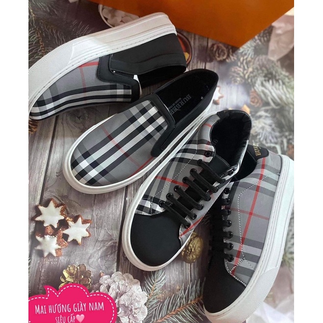 Giày burberry buộc dây kẻ đen , giày lười slipon burberry kẻ đế cao su kèm hộp