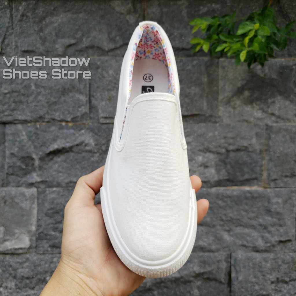 Slip on vải nữ - Giày lười vải nữ độn đế - Vải thô 2 màu (trắng) và (đen) đế trắng - Mã SP: H802