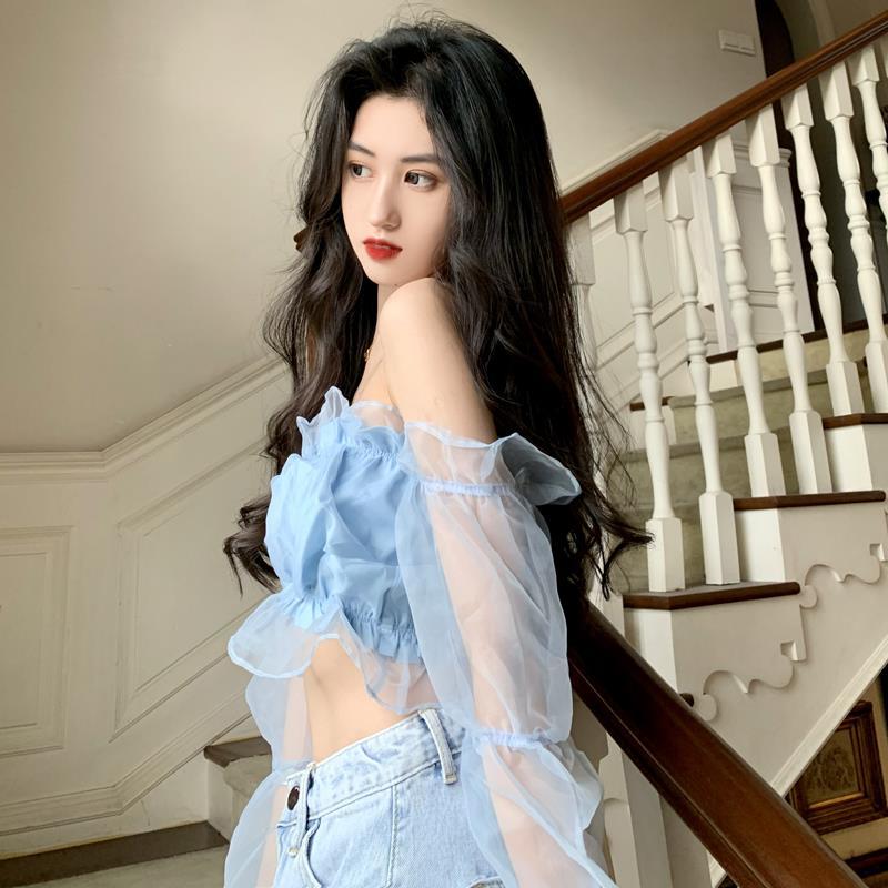 Áo Kiểu Dáng Ngắn Tay Phồng Dài Cổ Trễ Vai Phối Lưới Dáng Ôm Dành Cho Bạn Nữ