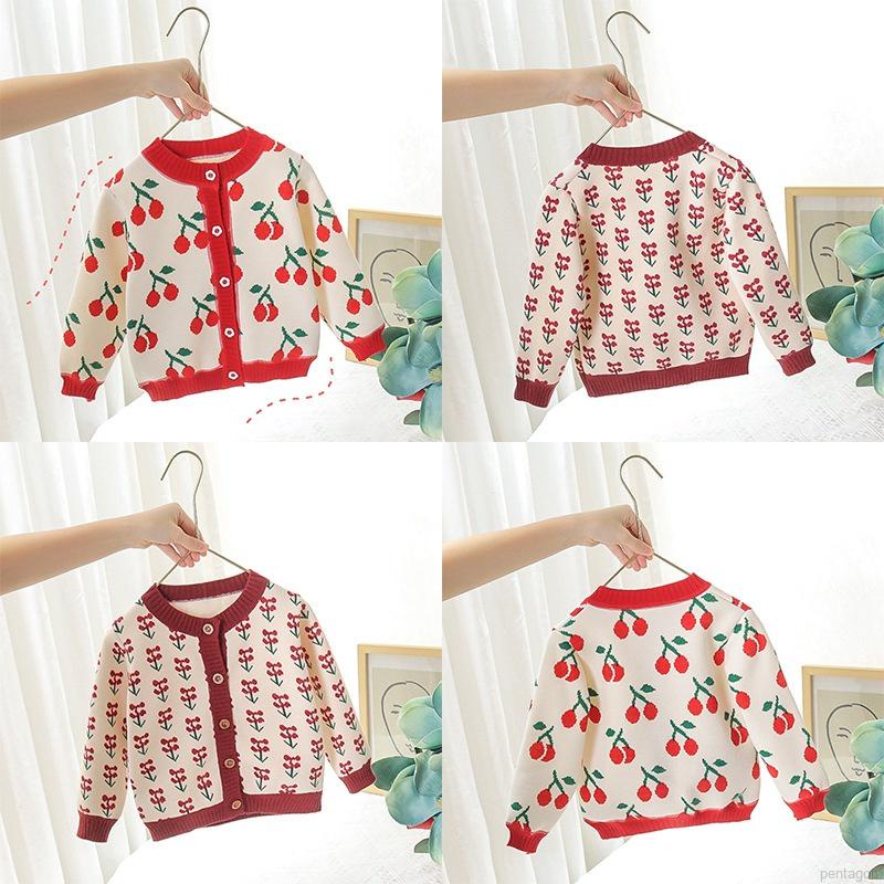 Áo khoác len cổ tròn họa tiết quả cherry phong cách Hàn Quốc cho bé gái 9 tháng-4 tuổi