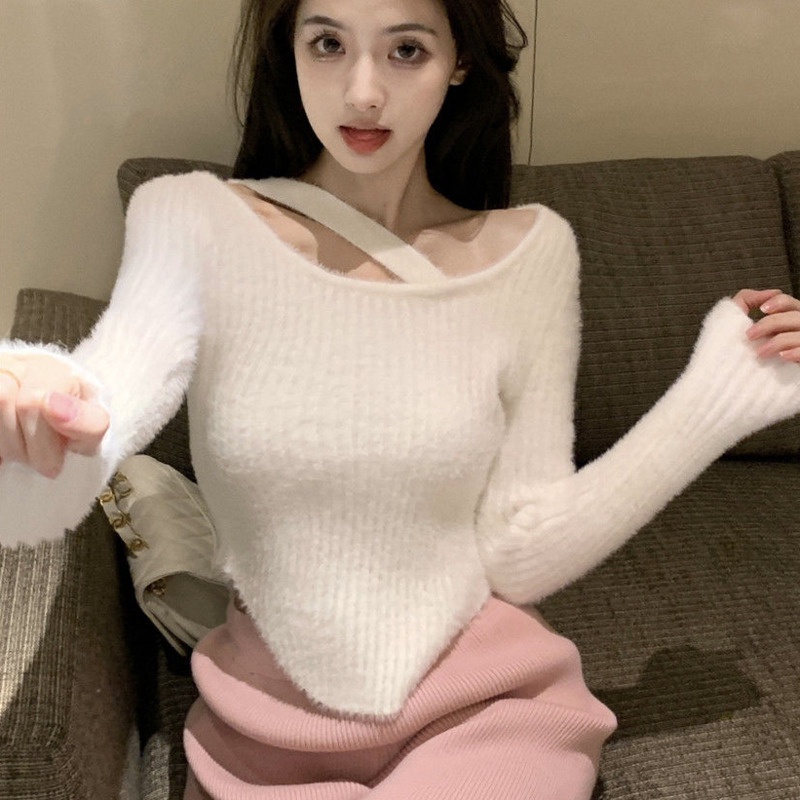Áo sweater dệt kim cổ treo thiết kế ngọt ngào thời trang cho nữ