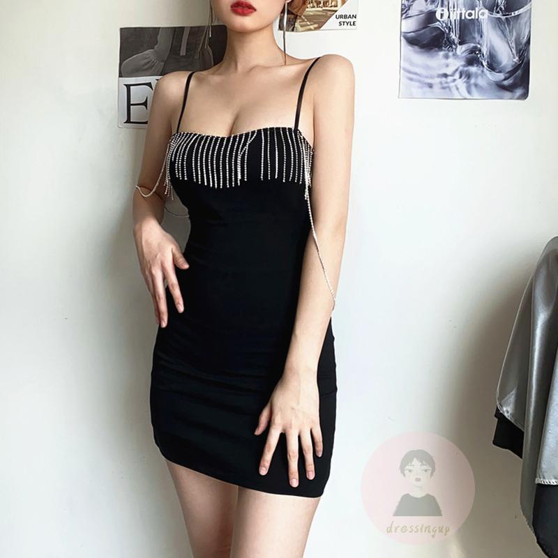DRE-Women’s Casual Suspender Short Dress,Fashion Solid Color Tassel Chain Boat Neck Skinny Dress