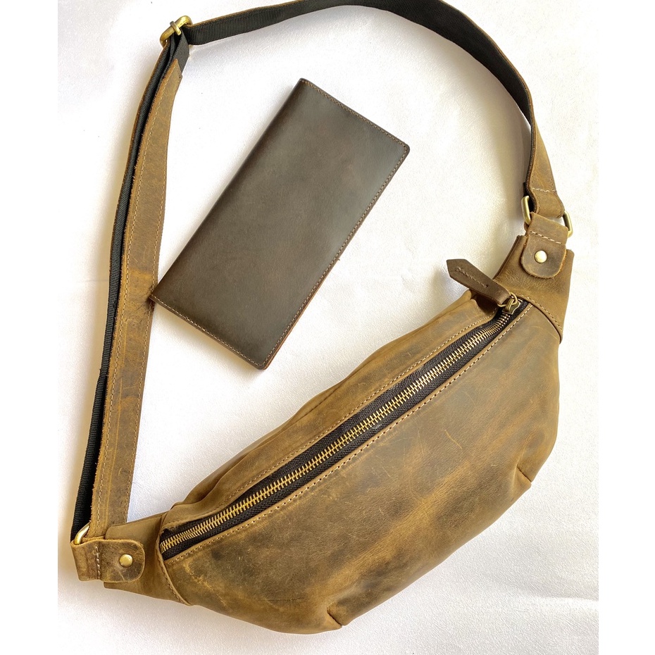 Túi đeo chéo ngực, Túi Sling bag nam nữ Sling bag da bò sáp thật 100% may thủ công Handmade BH 2 năm