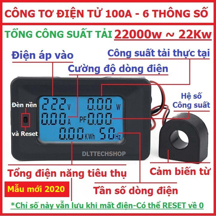 Công tơ điện tử 6 thông số 100A-Đồng hồ đo công suất -tiêu thụ điện