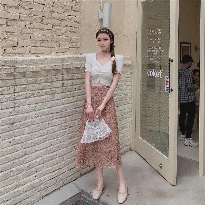 Cổ chữ V ngắn tay màu đặc biệt mùa hè thời trang mới áo sơ mi đan đáy + váy voan hoa cạp cao giữa phụ nữ