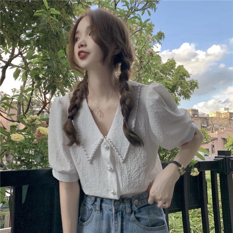Áo Sơ Mi Chiffon Tay Phồng Cổ Búp Bê Dễ Thương Dành Cho Nữ