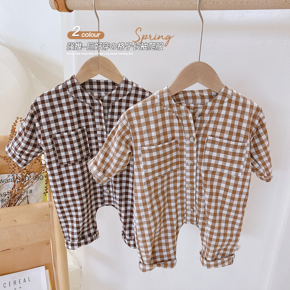 Spring Baby Unisex Korean Style Plaid Long-sleeved Romper