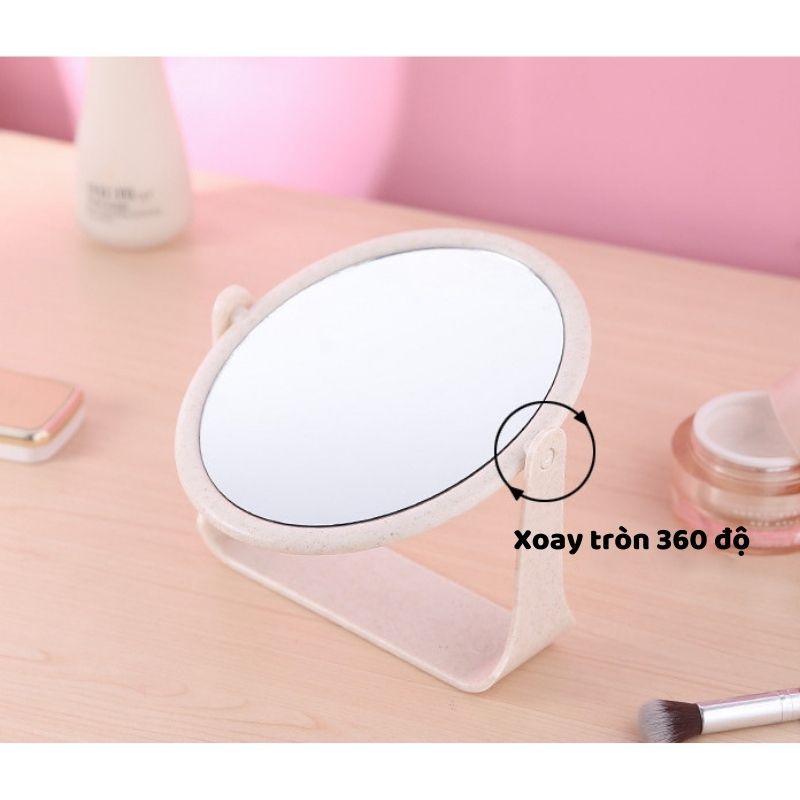 Gương trang điểm lúa mạch để bàn xoay 360 độ tiện lợi, gương 2 mặt hình tròn và vuông decor phòng phong cách hàn quốc