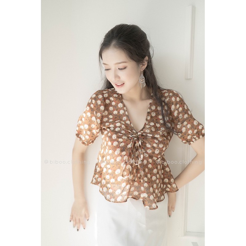 BIBOO - Áo hoa rút ngực chất liệu voan mềm mại không nhăn