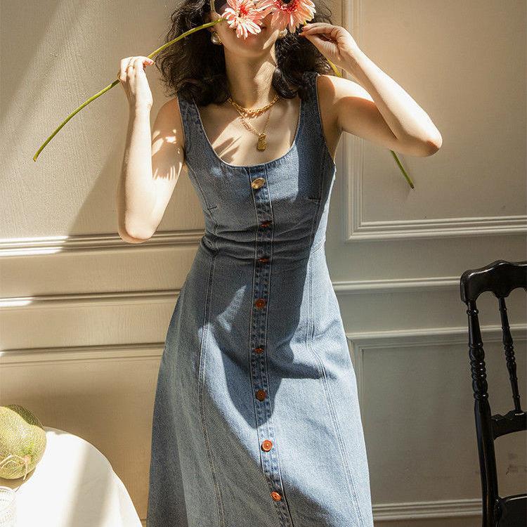 Đầm Hai Dây Dáng Chữ A Chất Liệu Denim 2022 Thiết Kế Mới Thời Trang Mùa Hè Theo Phong Cách Pháp