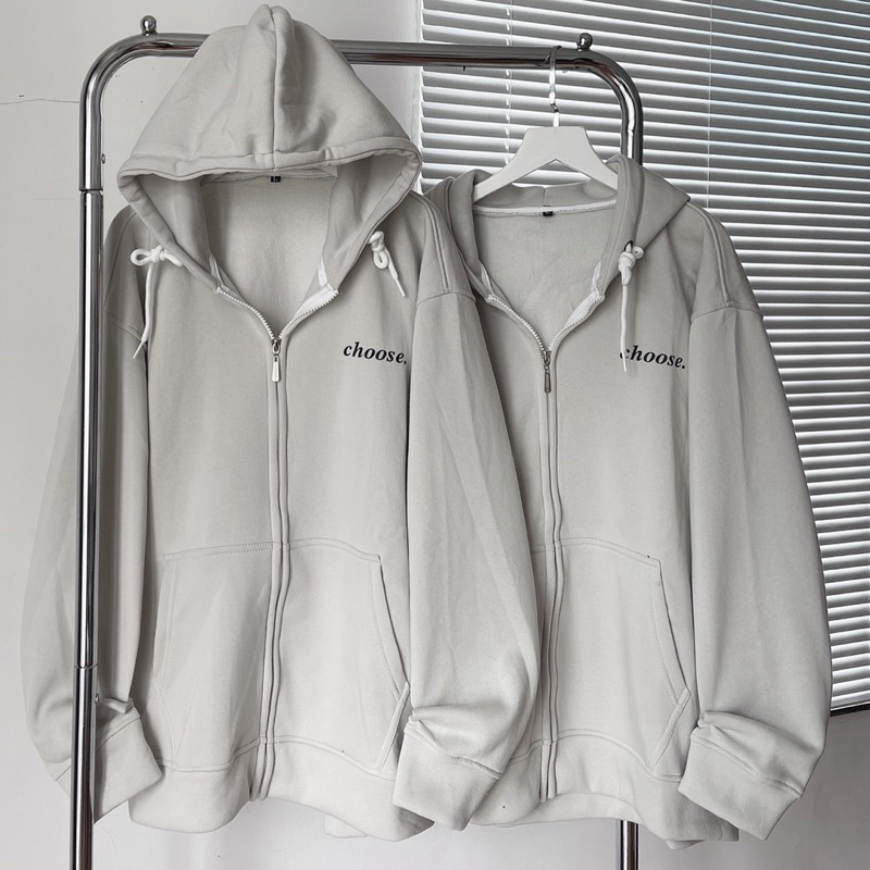 Áo khoác hoodie zip Choose màu xám kem xanh có nón vải nỉ bông form rộng unisex nam nữ - SSSTore