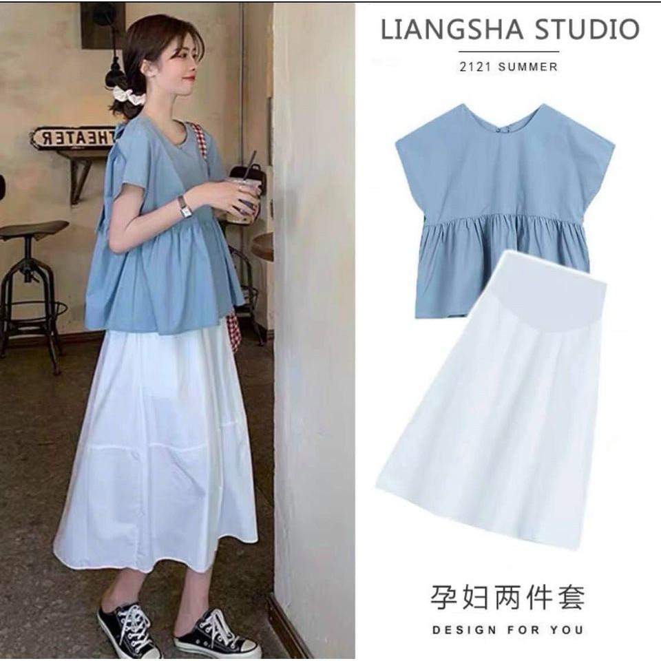 Set áo babydoll nơ kèm chân váy dài có lót như hình