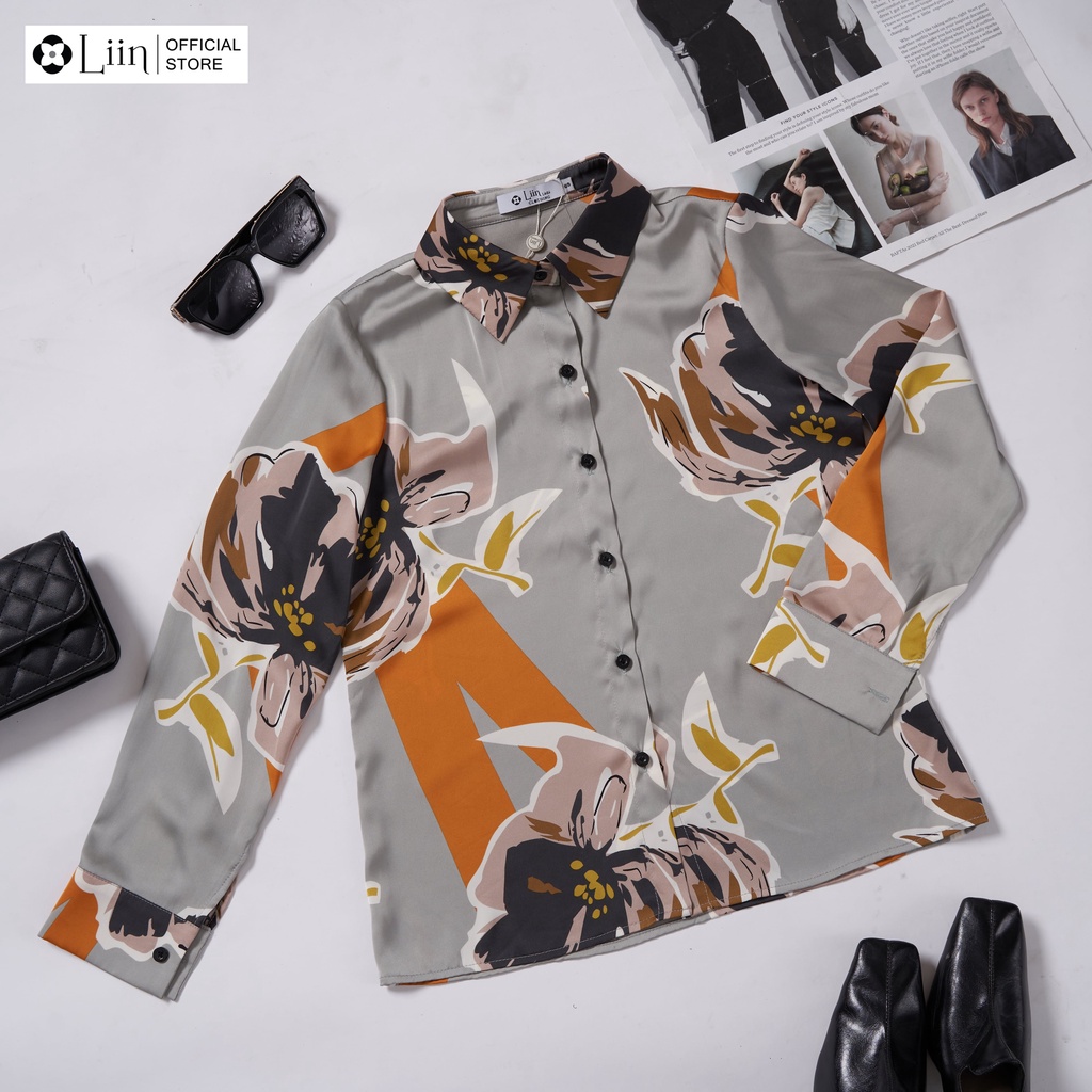 LIIN - Áo sơ mi màu ghi họa tiết hoa viền cam LINBI SM4243
