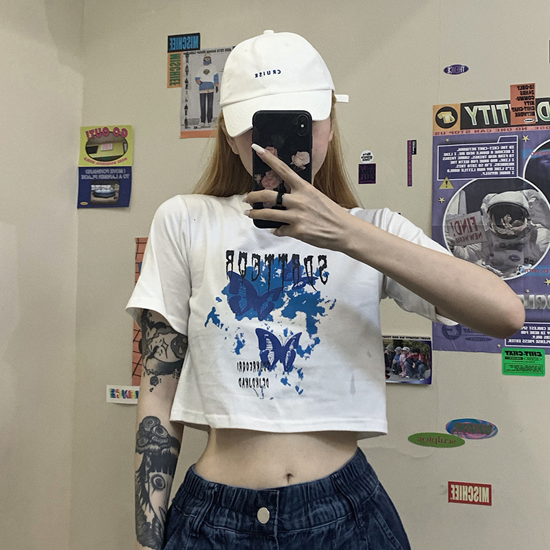 2021 new short T-shirt women's summer Korean style ins trendy student slim crop top tees