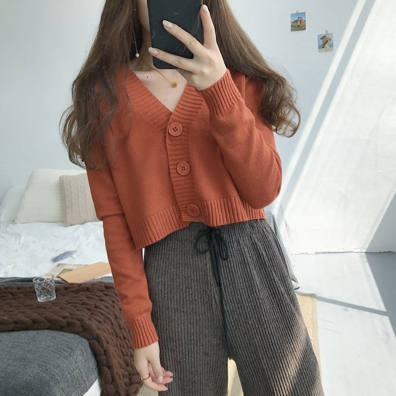 Áo khoác cardigan dệt kim dáng ngắn lưng cao tay dài thời trang v-n cho nữ