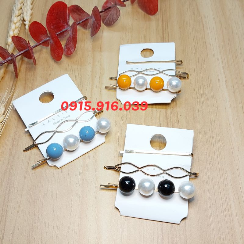 Set 3 Kẹp Hạt Châu Sắc Màu, Kẹp Tóc Nữ, Kẹp Tóc Đính Đá